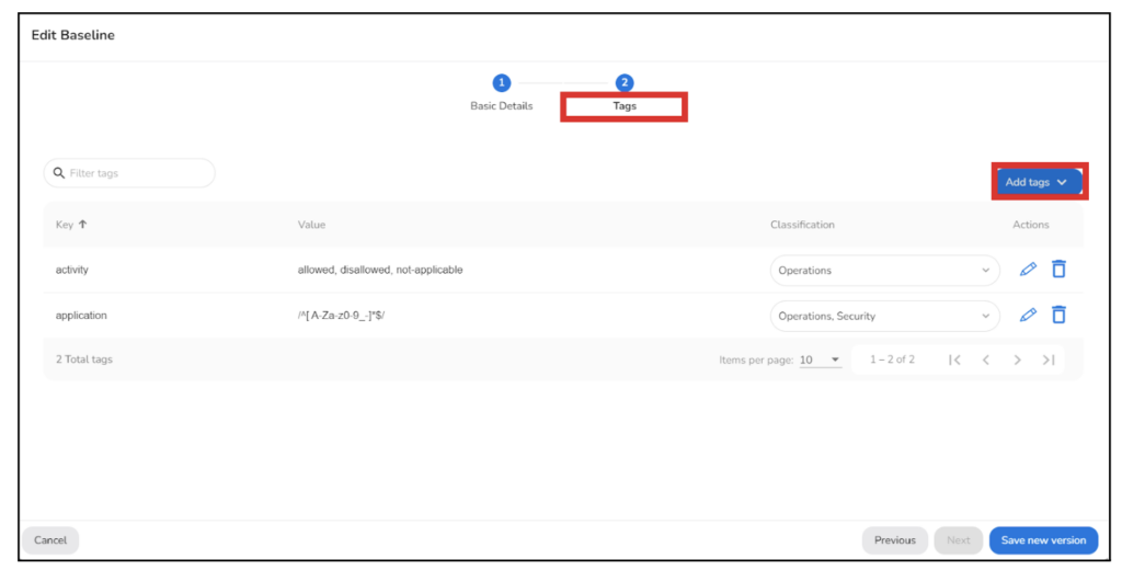 An example of a cloud governance platform being used to create baseline tags