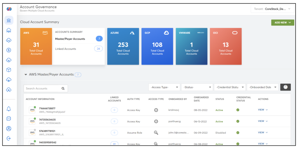 An example of a cloud governance management platform. This summary dashboard shows all the different cloud accounts across multiple cloud providers.