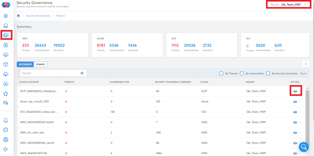 Threats, vulnerabilities, and policy violations (guardrails) summarized from multiple cloud accounts across different cloud providers